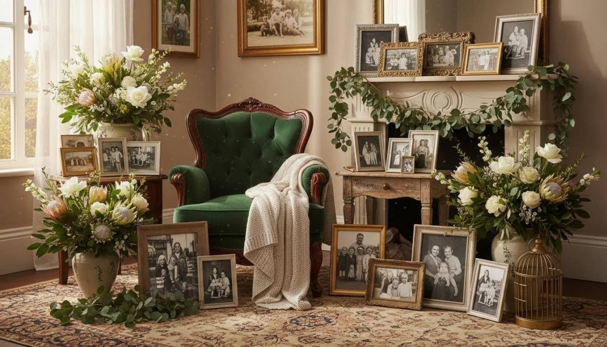 A styled portrait corner with an armchair and flowers