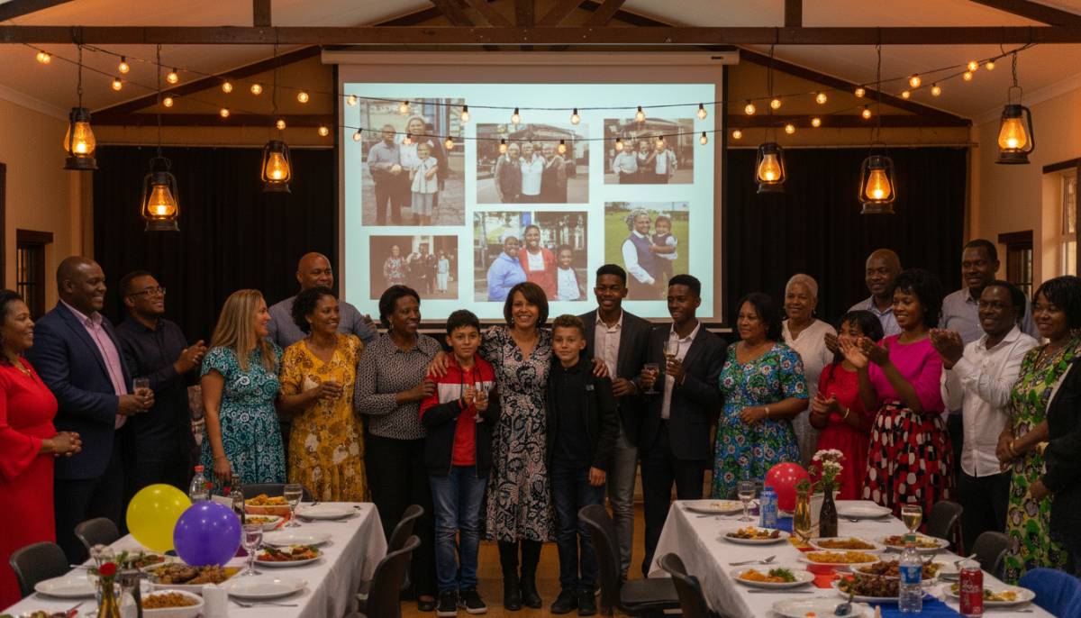 Family watching a birthday slideshow at a hall