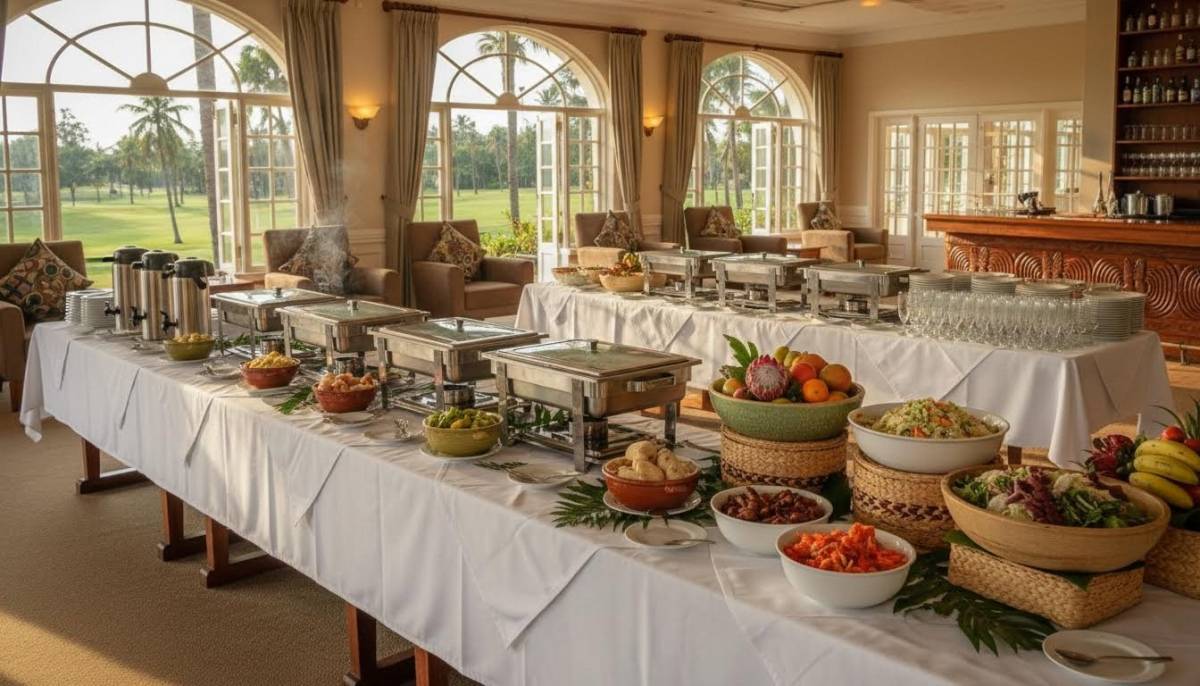 Buffet table set before a birthday celebration