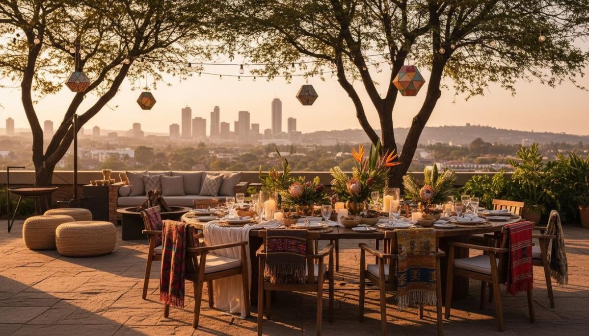 Empty patio set up for a holiday party