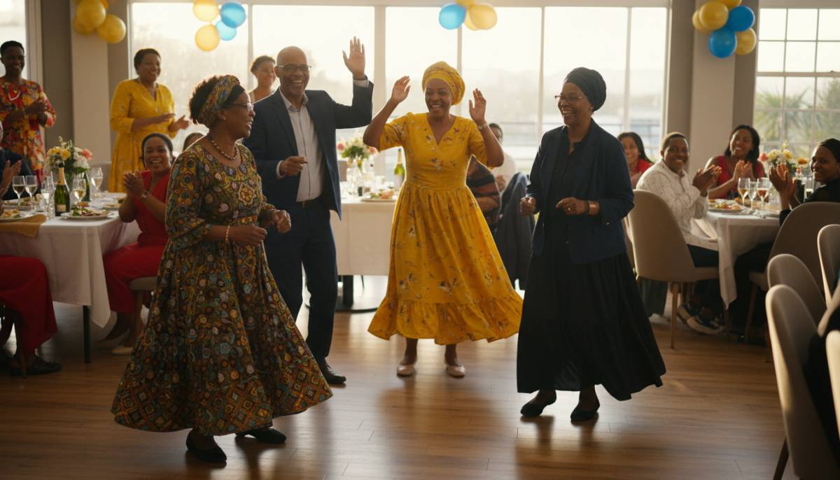 Older family members dancing at a birthday lunch
