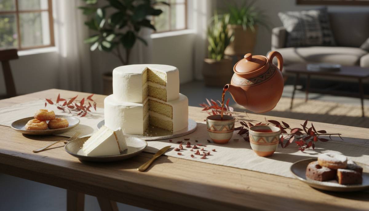 Dessert table with cake and tea