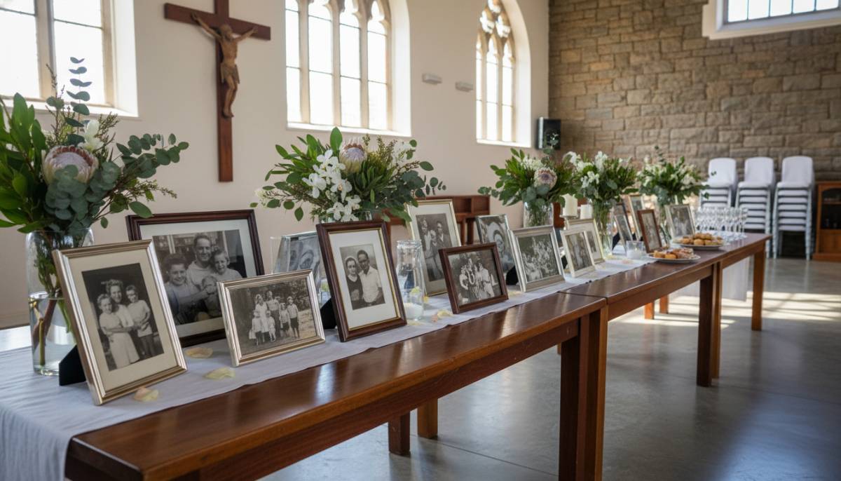 Memory table with family photos and flowers