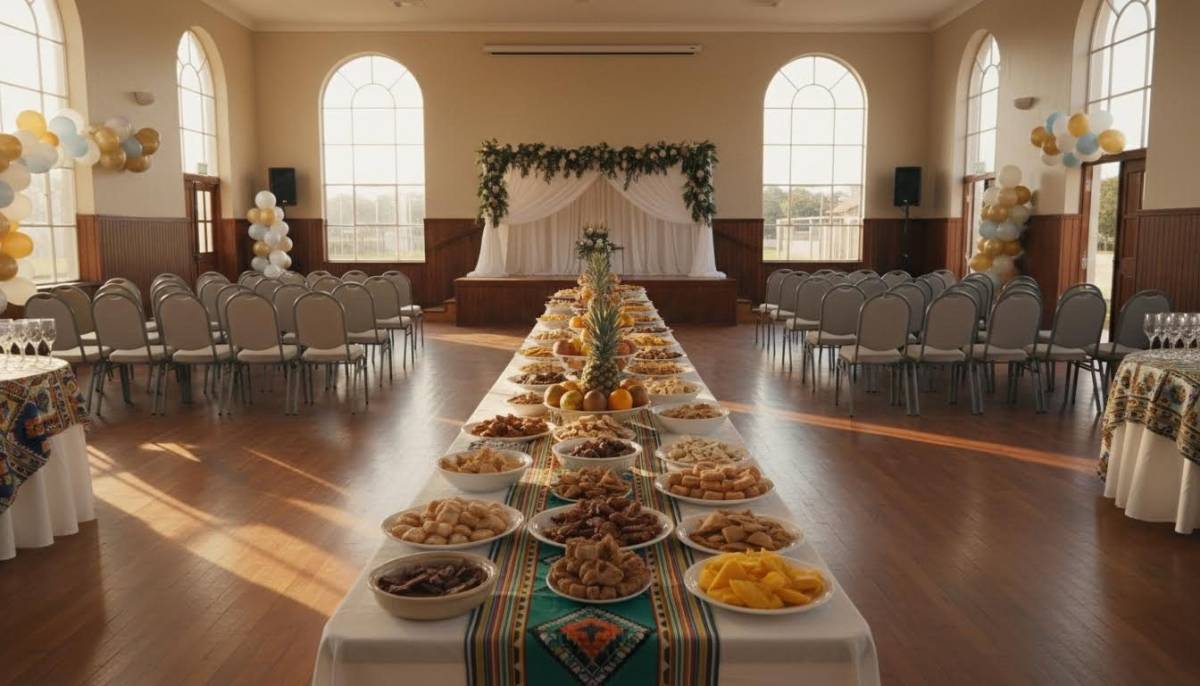 Older guests chatting near a snack table
