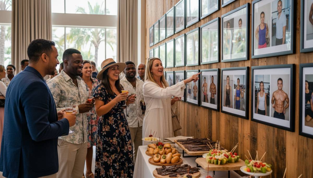 Guests reading a transformation photo wall