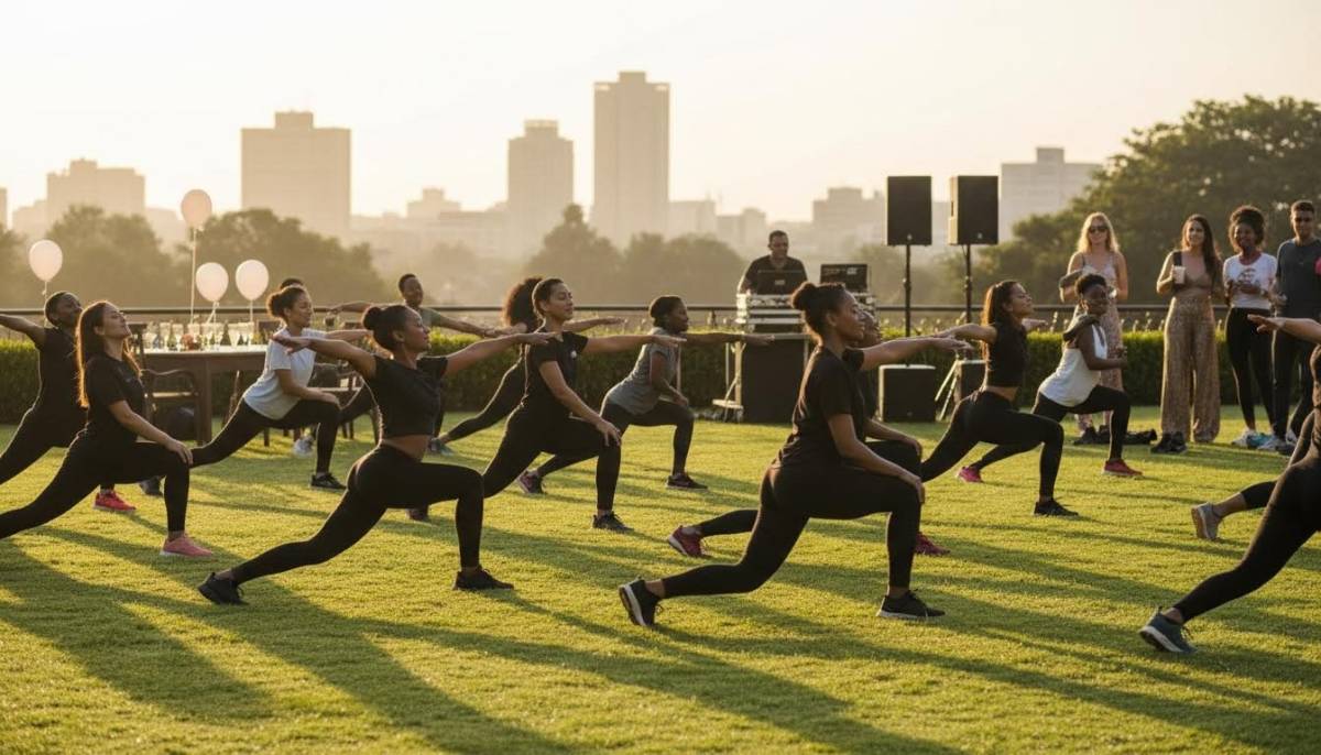 Guests stretching during an outdoor fitness class