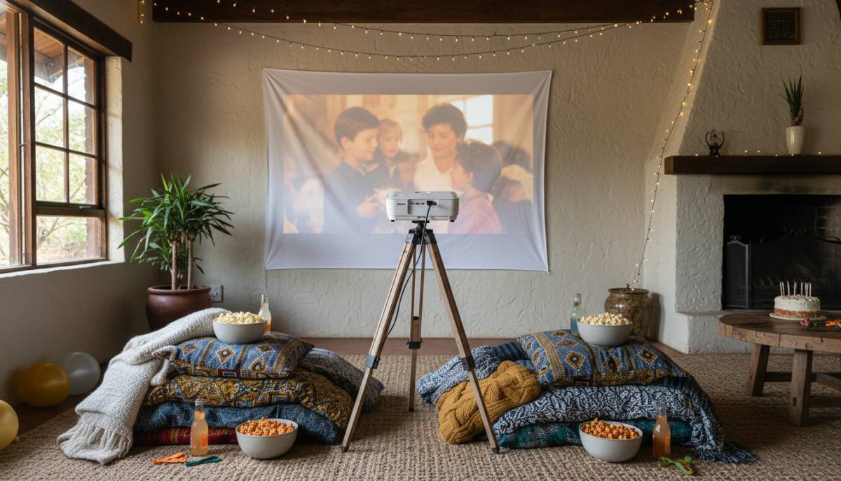 Indoor movie night birthday setup