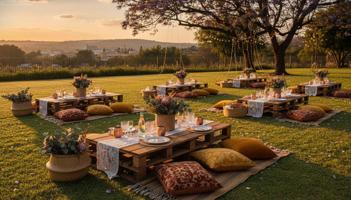 Outdoor birthday picnic setup at golden hour