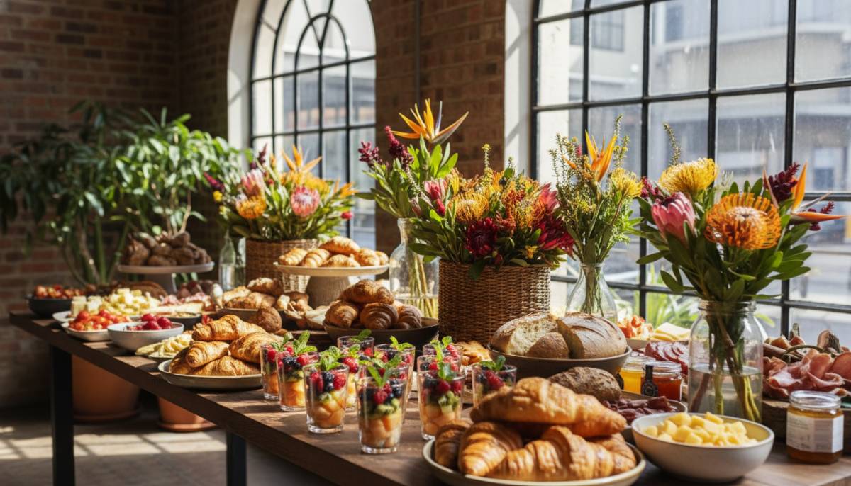 Brunch grazing table with pastries and fruit