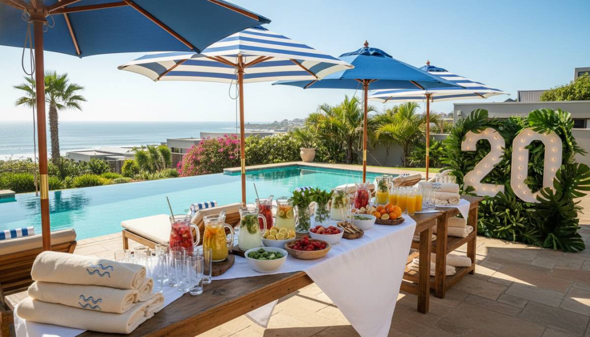 Poolside birthday drinks station with towels