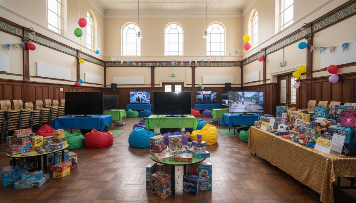 Game lounge setup with consoles and board games