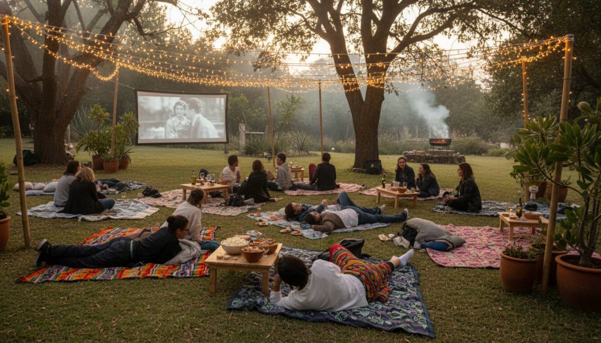 Guests watching an outdoor movie