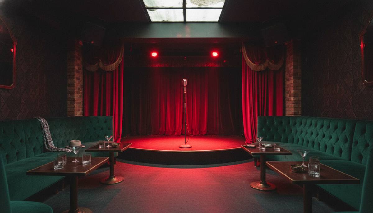 A moody speakeasy karaoke room setup