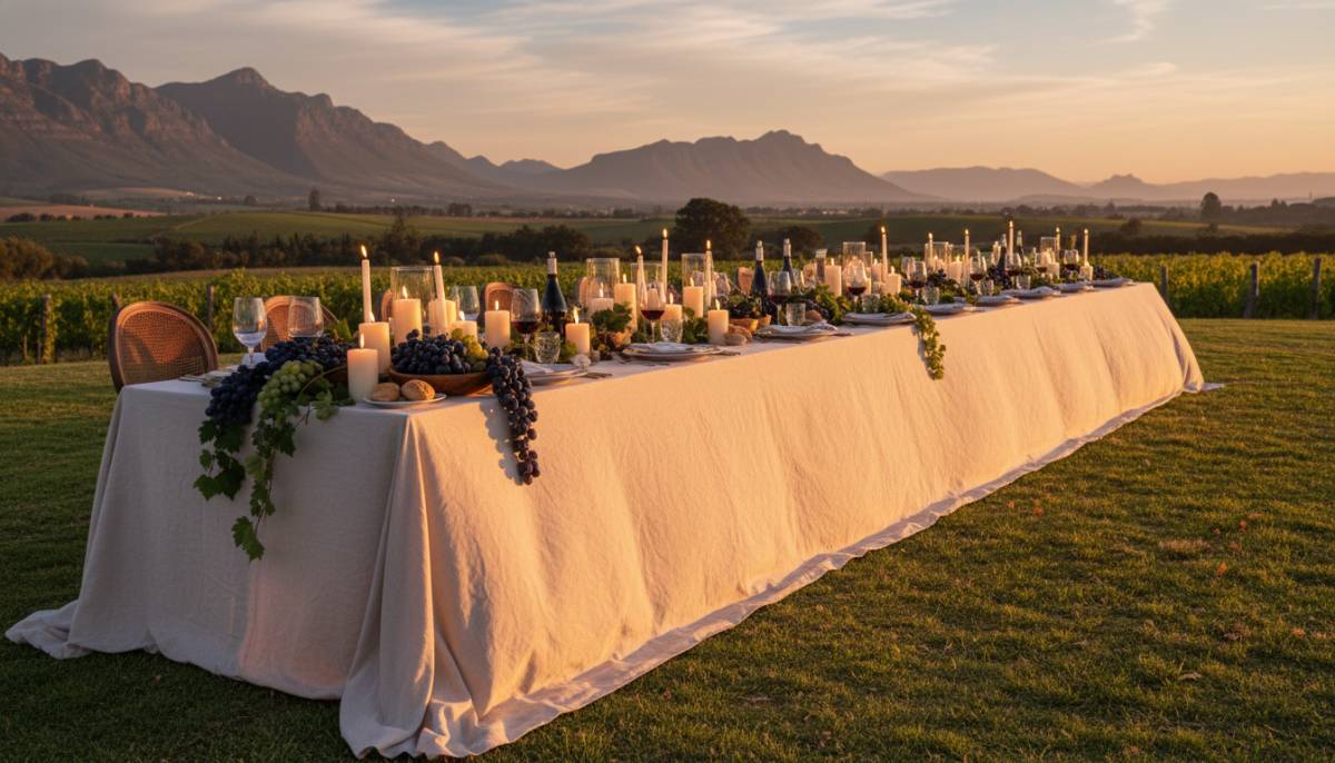 A candlelit wine farm long table