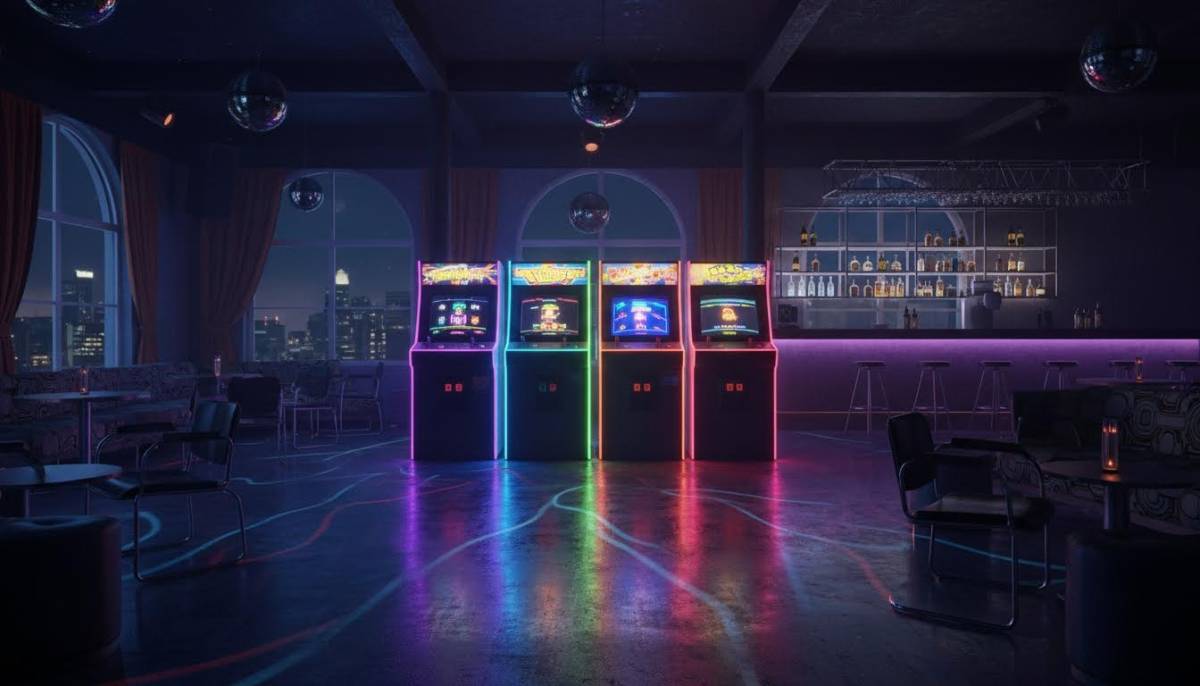 Retro arcade machines in a neon lounge