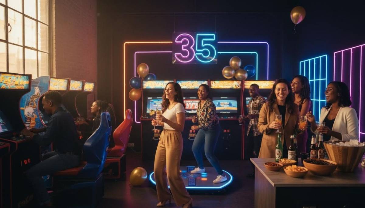 Guests playing arcade games at a birthday party