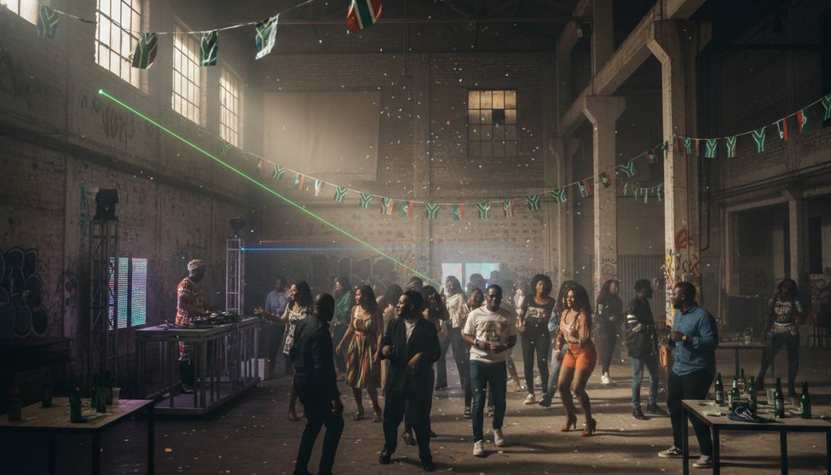 People dancing at an industrial warehouse birthday party