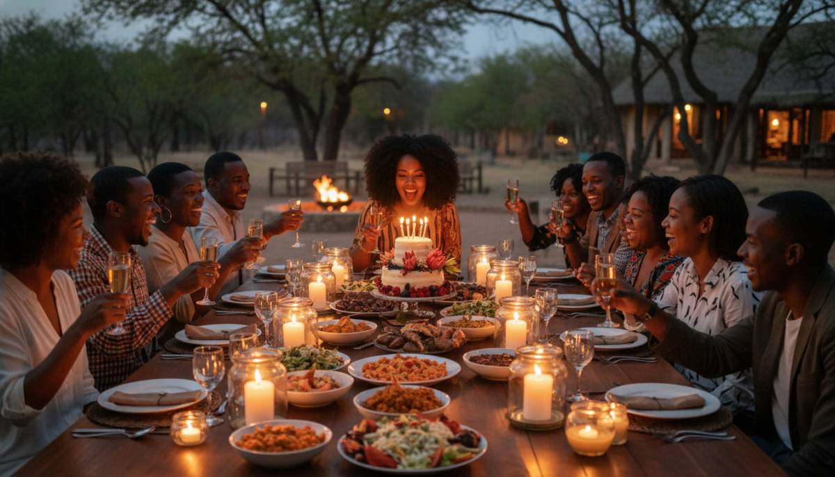 Family and friends celebrating around a candlelit birthday table