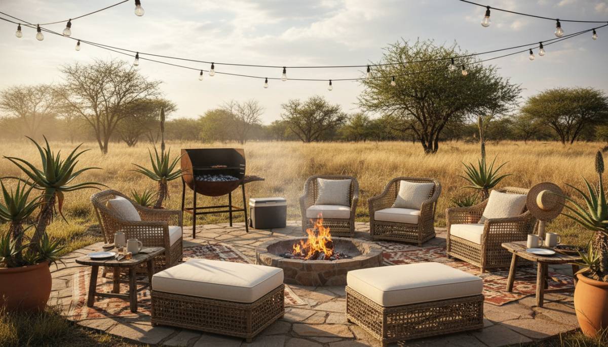 A styled backyard braai lounge setup