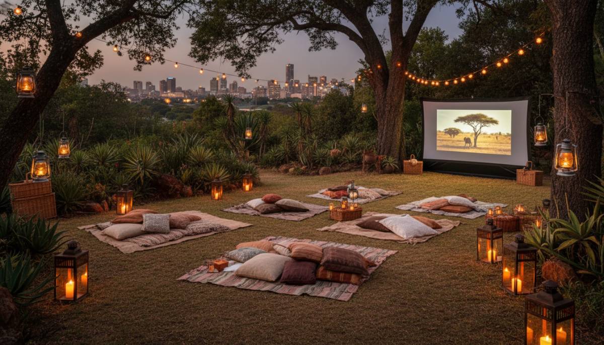 Outdoor cinema setup in a garden