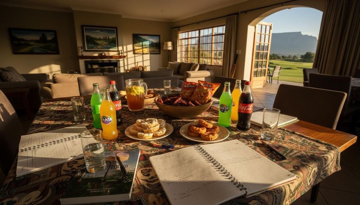 Study break snack table with drinks and notebooks