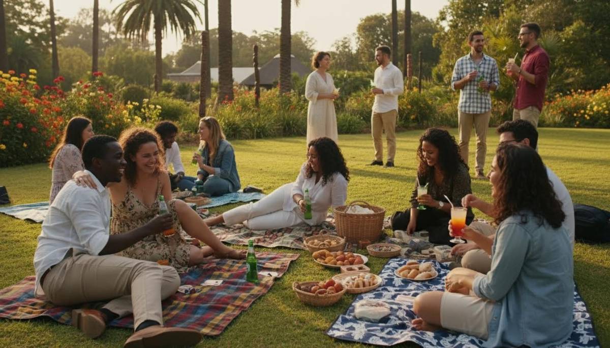 Guests relaxing on picnic blankets outdoors