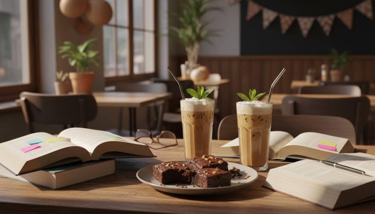 Cafe table with iced coffees and textbooks