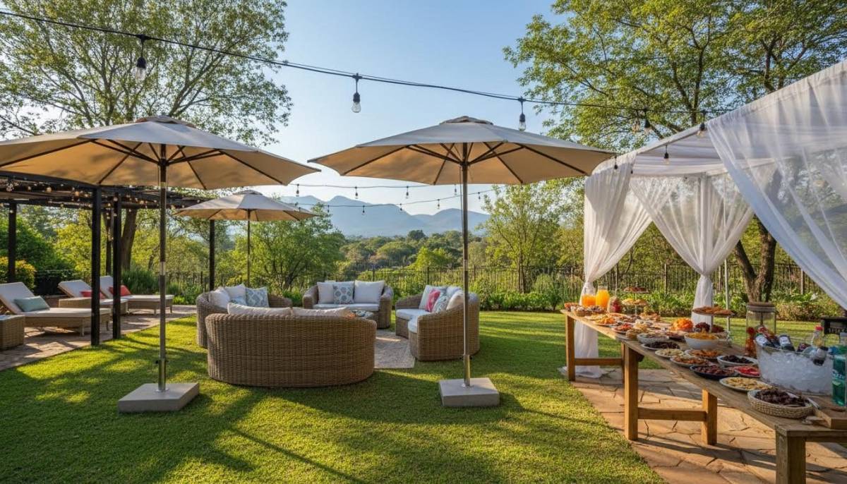 Backyard party setup with rented furniture