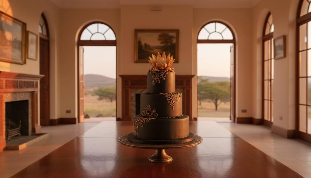Black and gold birthday cake in an estate clubhouse