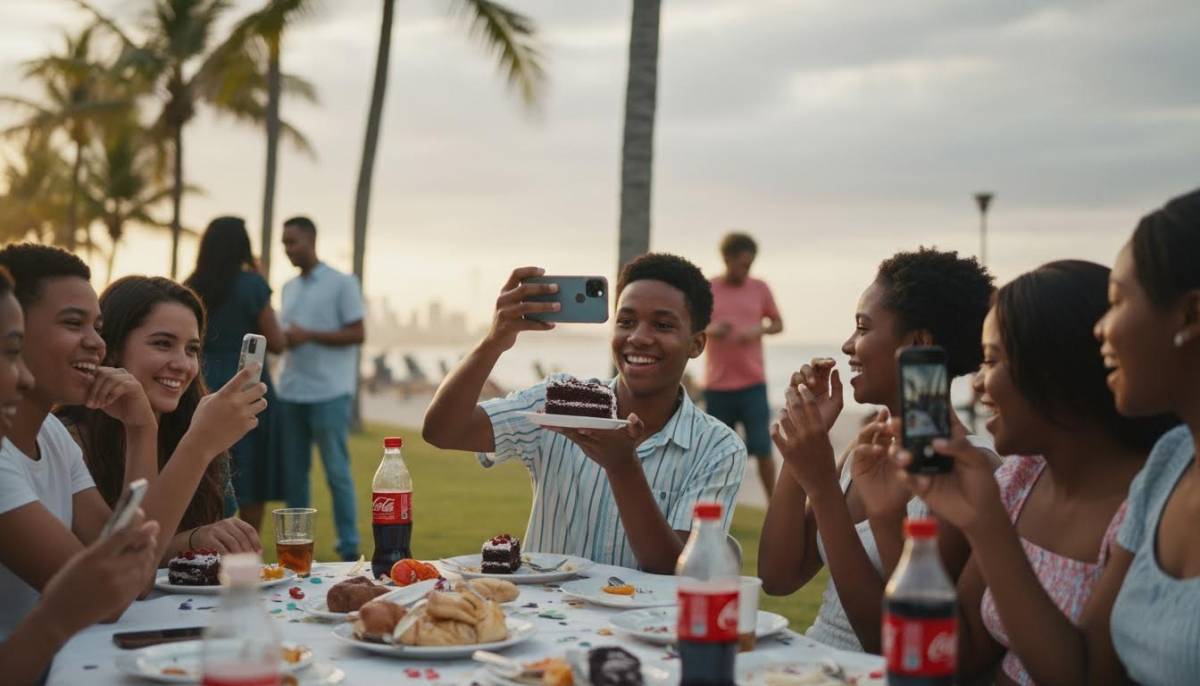 Teen guests photographing a birthday cake table