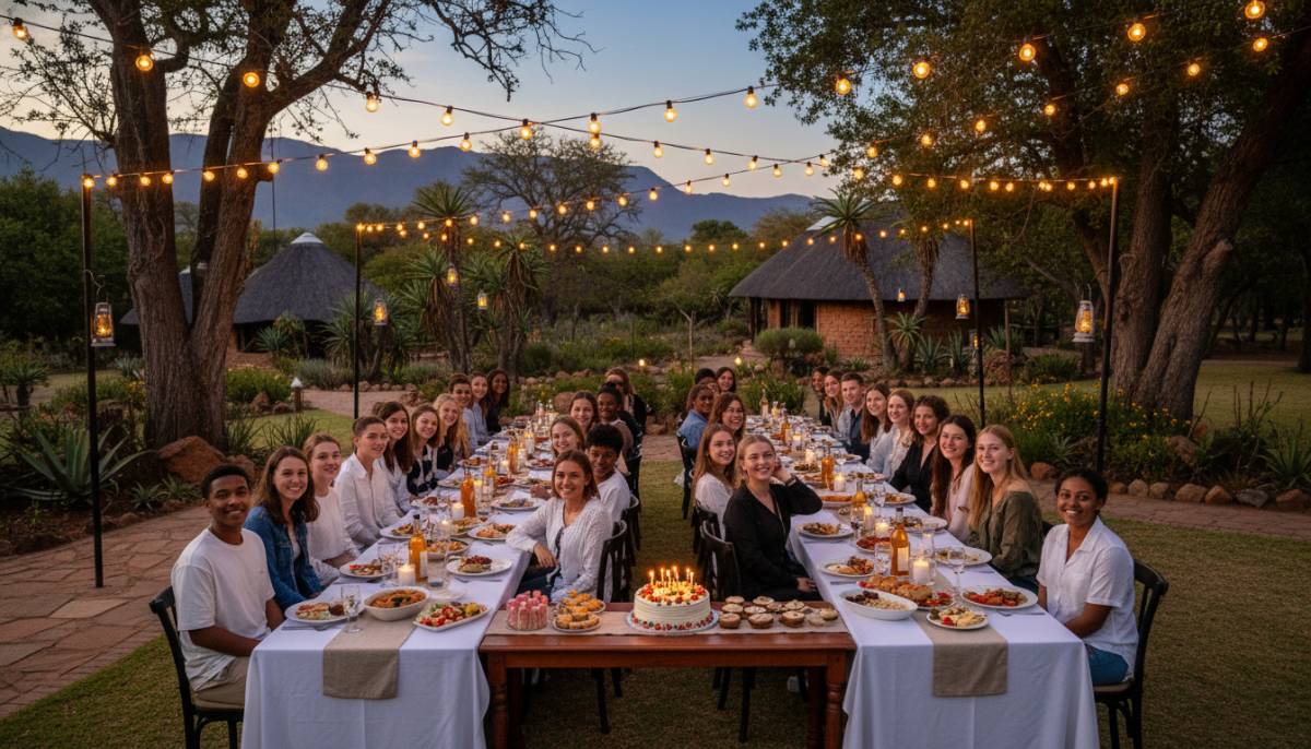 Teen guests eating at outdoor party tables