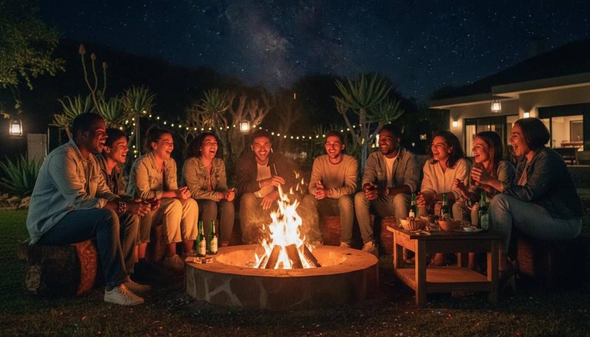 Guests around a backyard fire pit