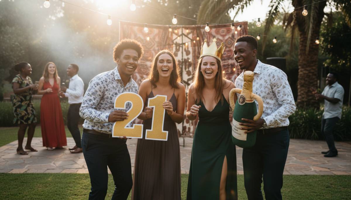 Guests posing at a photo booth with prize props