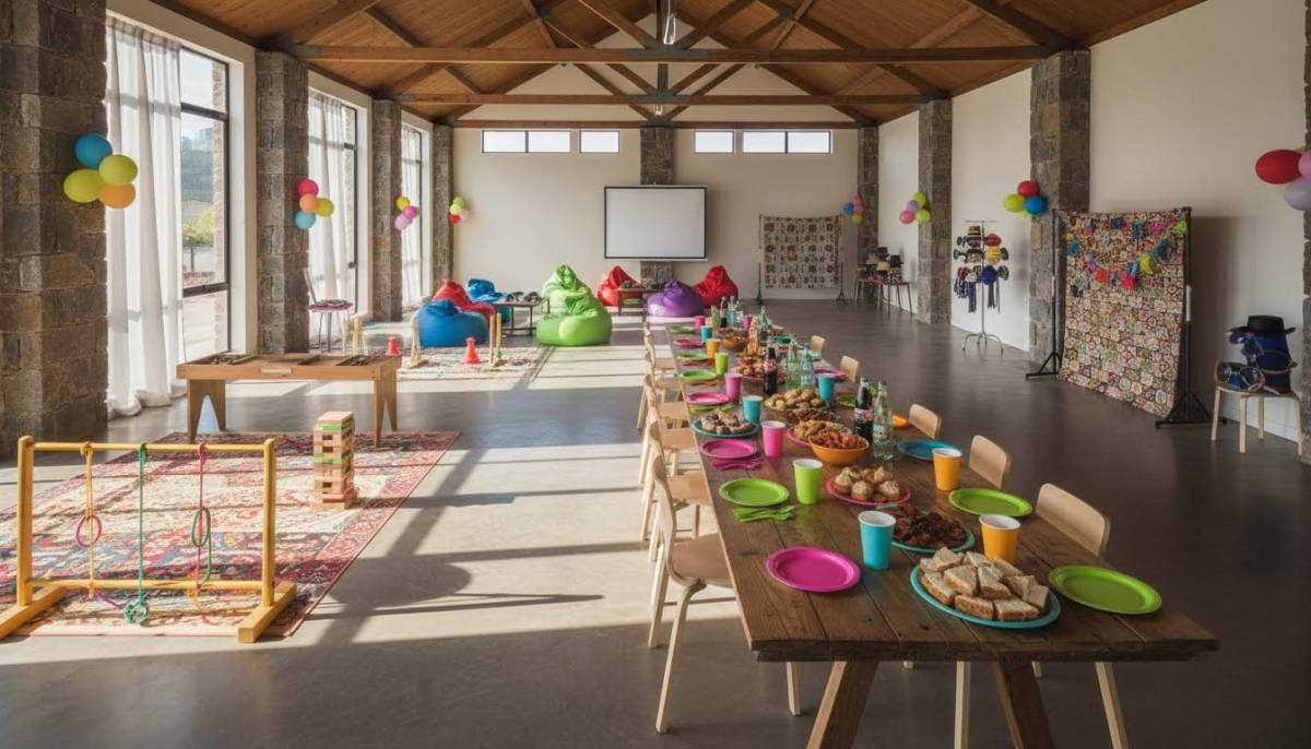 Empty venue set up with game zones and snack table