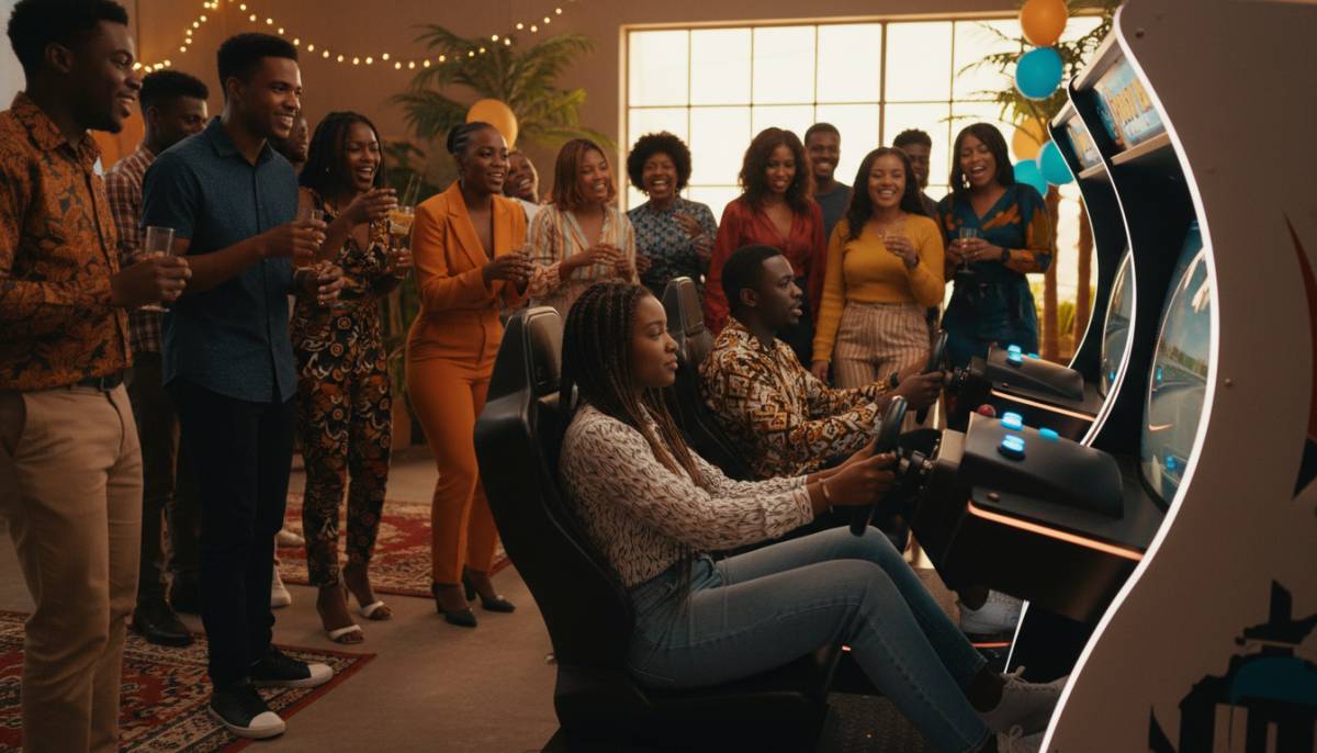 Guests watching an arcade racing game at a 21st