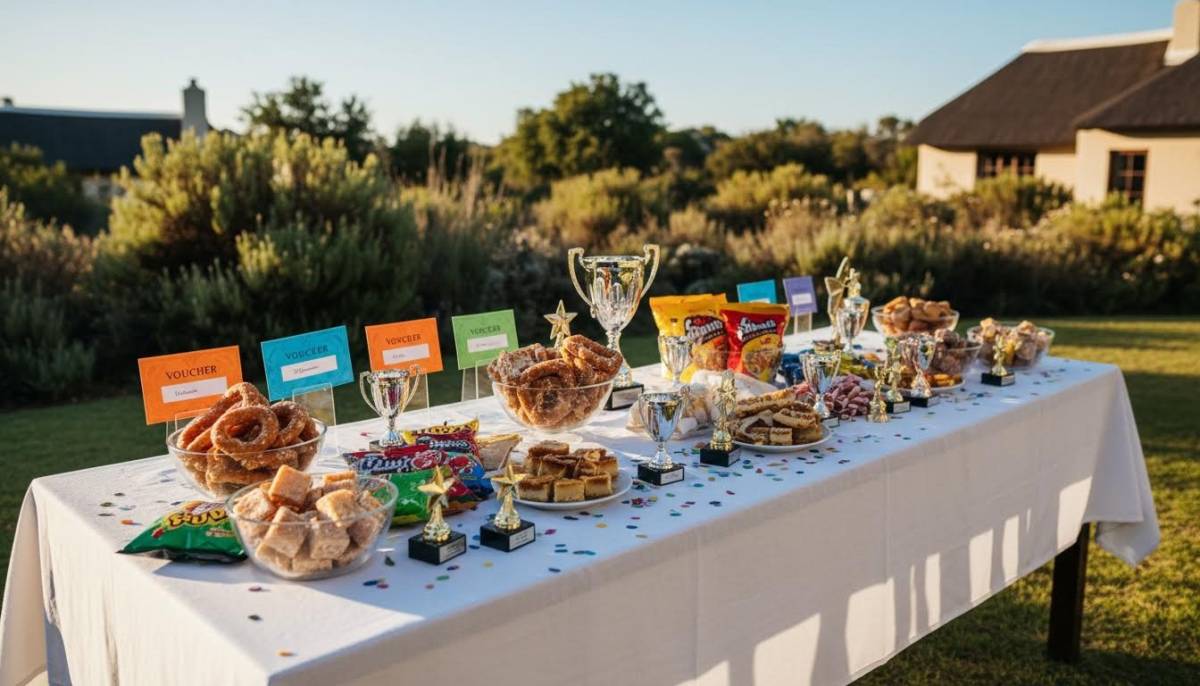 Prize table with sweets and small trophies