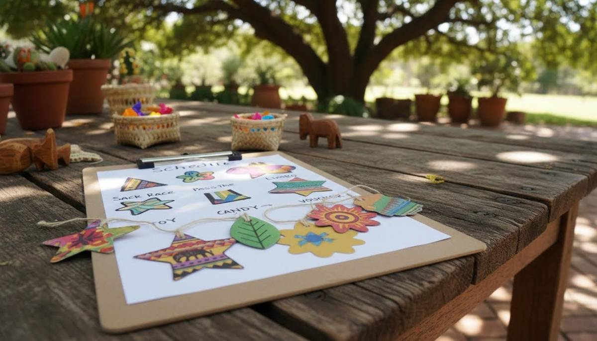 Party game schedule and prize tags on a table