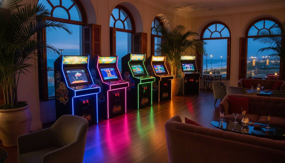 Retro arcade machines in a lounge venue