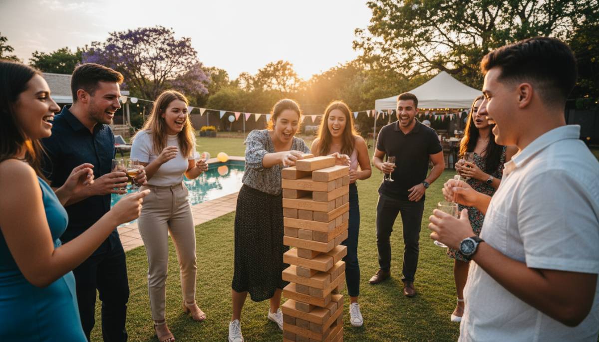 Guests playing giant Jenga at a 21st birthday