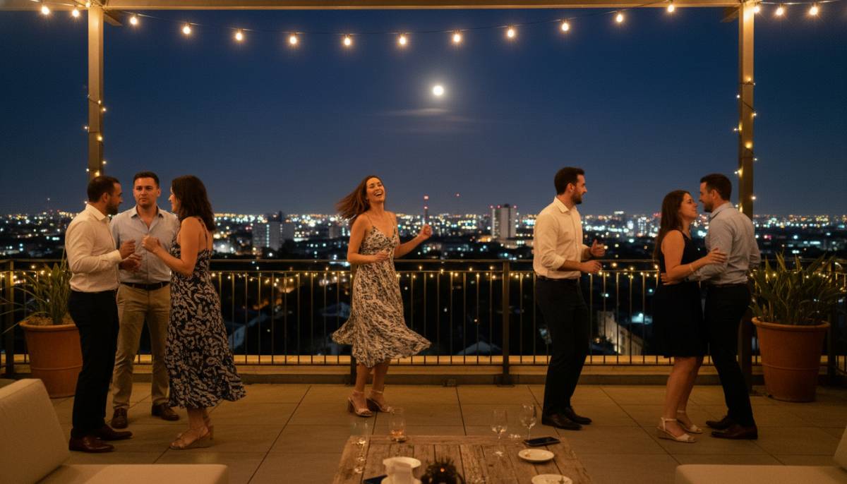 Guests dancing on a terrace at a 25th birthday