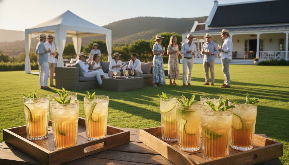 Guests holding cucumber rooibos mocktails on a lawn