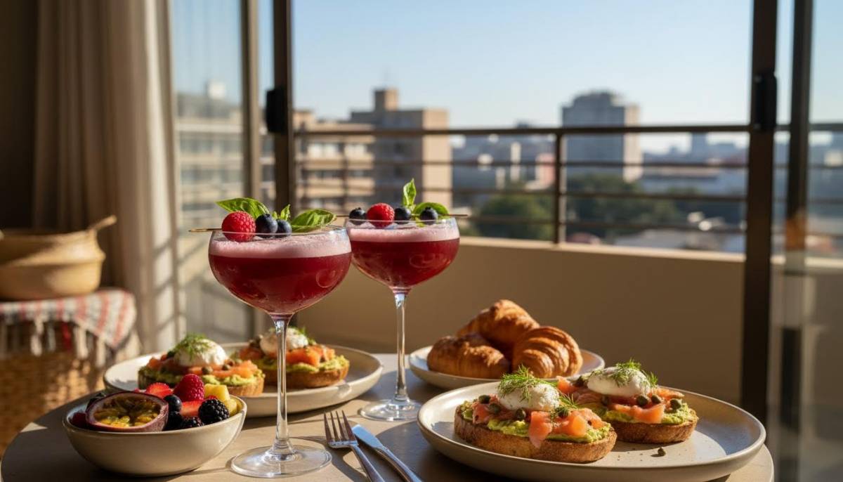 Berry basil mocktails beside brunch plates