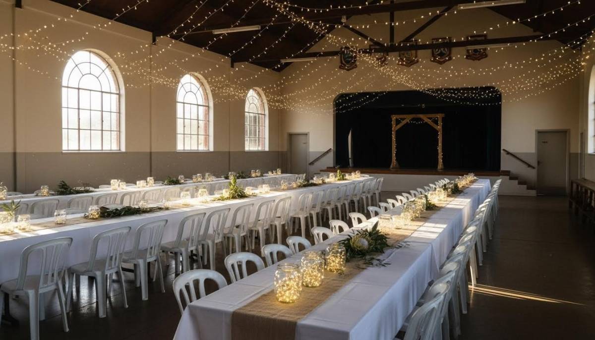 Styled school hall before an 18th birthday party