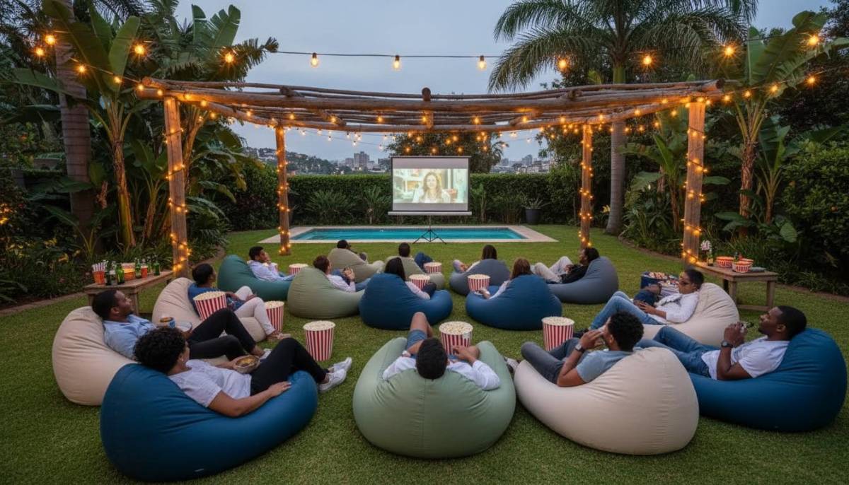 Guests watching an outdoor cinema birthday setup