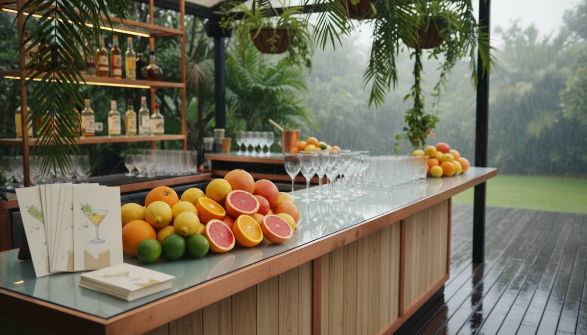 Mobile bar station with cocktail cards and glassware