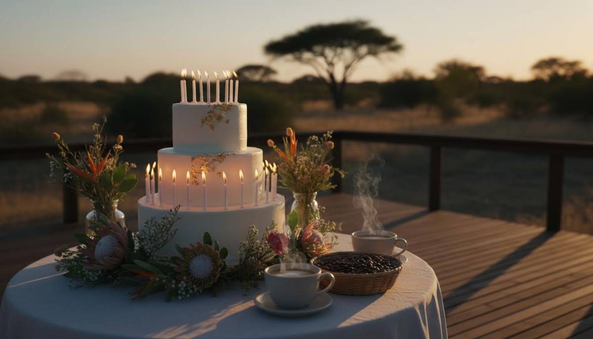 Birthday cake table in warm evening light