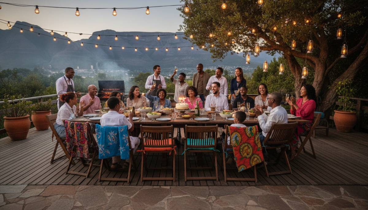 Family celebrating under patio lights at a 55th birthday