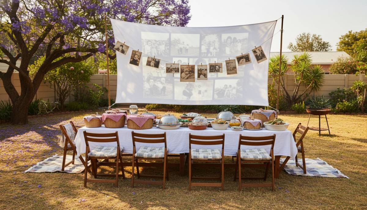 Backyard 75th birthday lunch with tribute screen