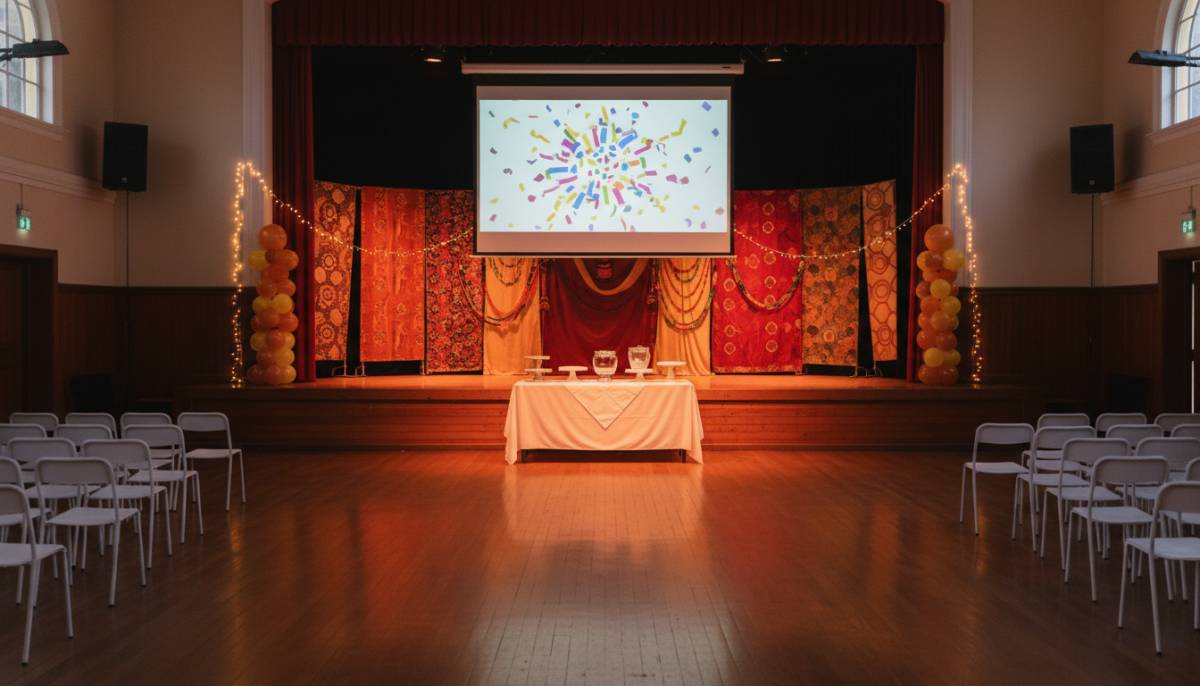 School hall stage prepared for a birthday video tribute