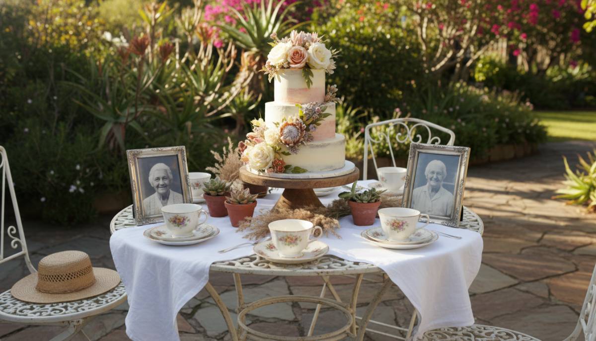 Garden tea setup with photo frames for a 75th birthday